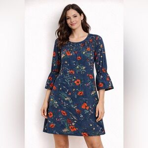 k. by kersh Floral Smocked Bell Sleeve Knee Length Dress M
